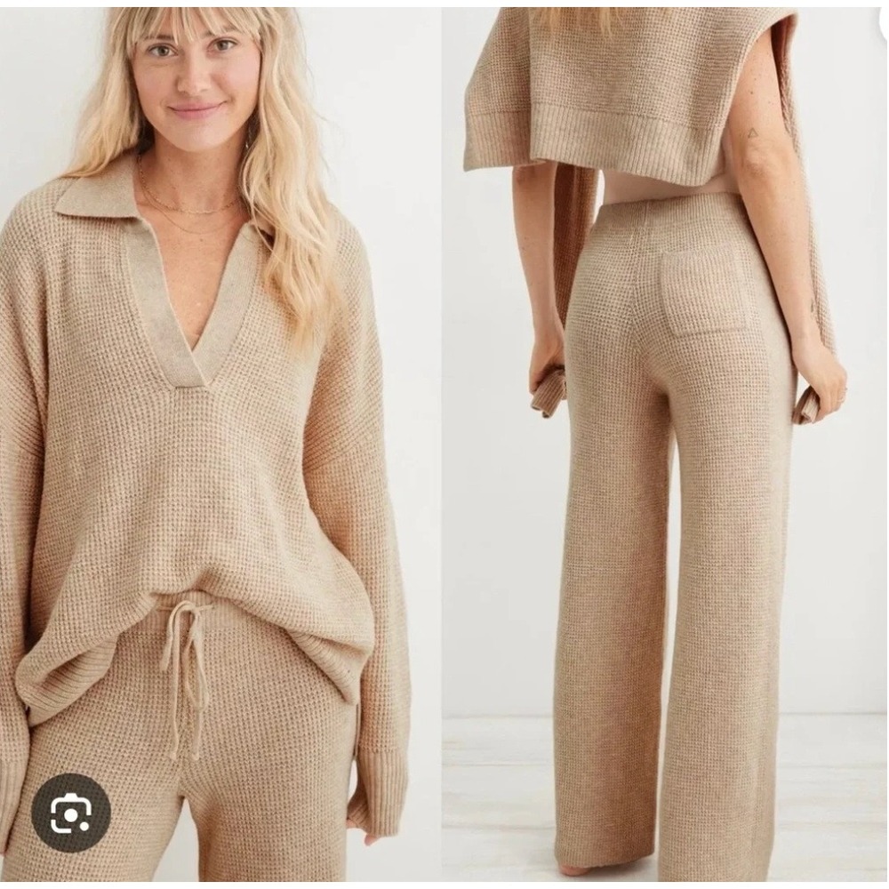 Aerie Waffle Polo Sweater Set Women L Tan Wide Leg Pants CozyUp Lounge Travel